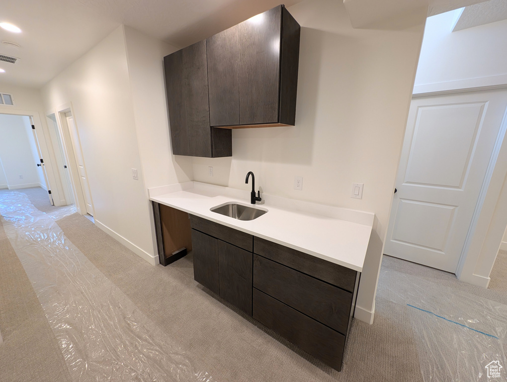 Kitchen with dark brown cabinets, light carpet, and sink