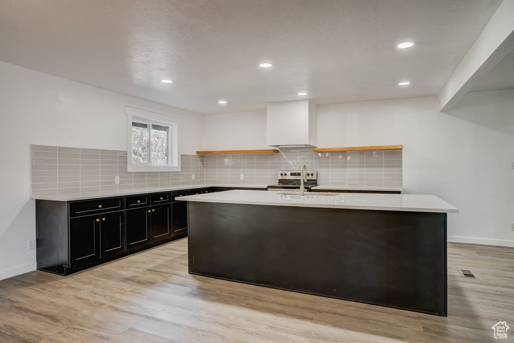 Kitchen with decorative backsplash, light hardwood / wood-style floors, range hood, a kitchen island with sink, and sink