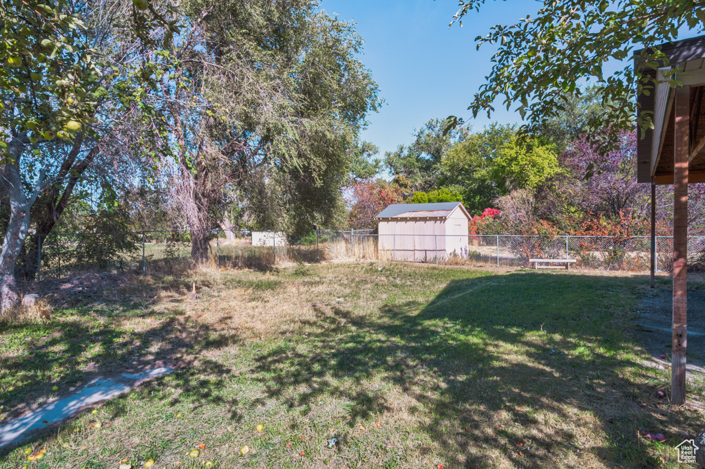 View of yard featuring a storage unit