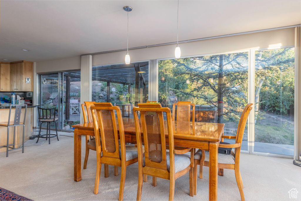 Carpeted dining space with plenty of natural light