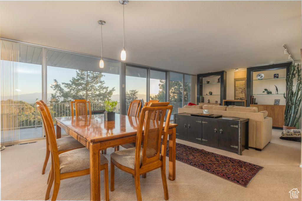 Dining area with plenty of natural light, floor to ceiling windows, and light colored carpet