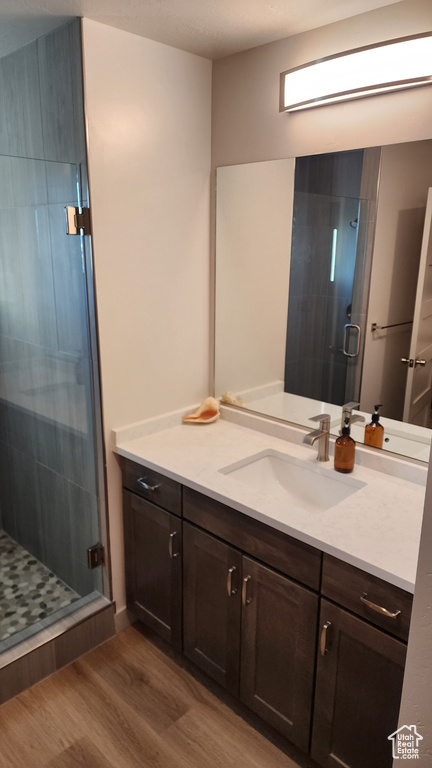 Bathroom with wood-type flooring, vanity, and a shower with shower door