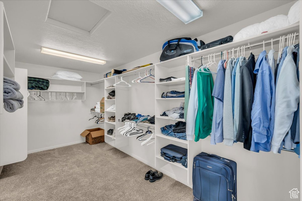 Spacious closet with light colored carpet