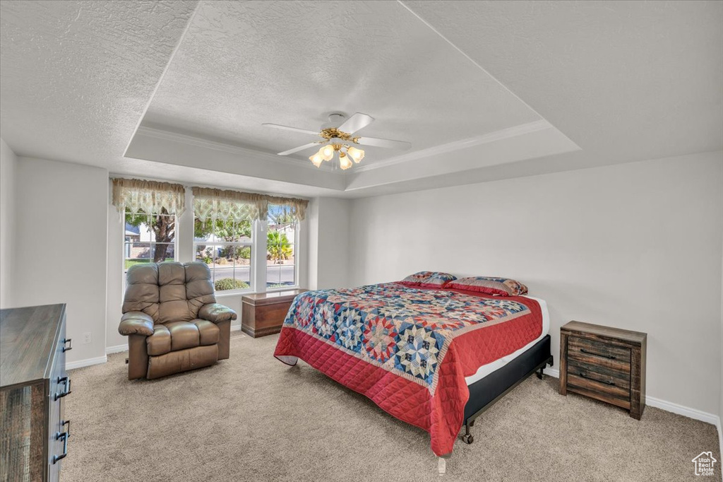 Bedroom featuring ceiling fan, a tray ceiling, carpet floors, and a textured ceiling