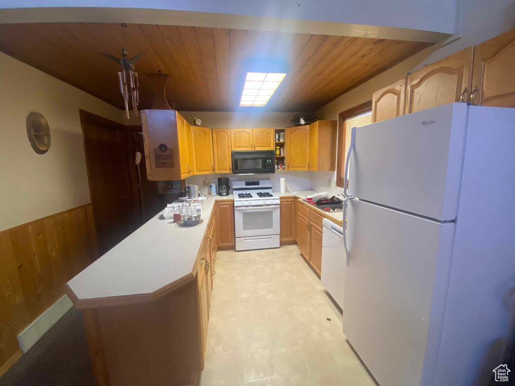 Kitchen with wood ceiling, wood walls, sink, and white appliances