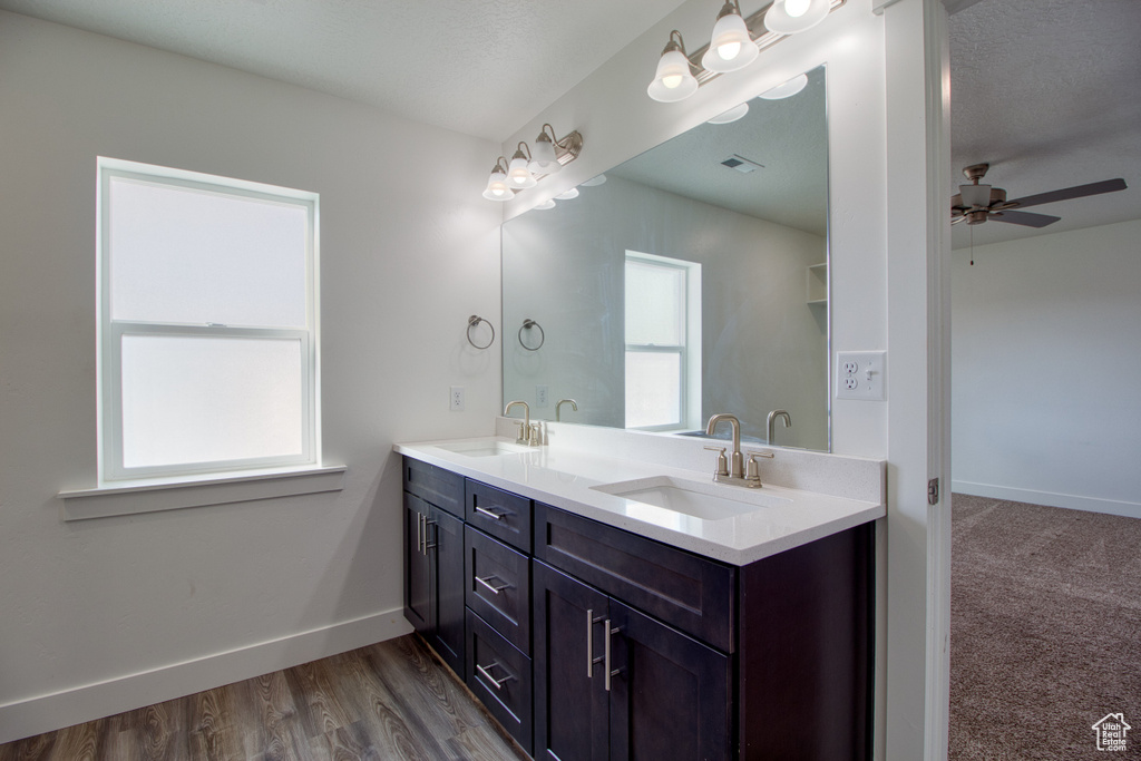 Bathroom with vanity, hardwood / wood-style flooring, a textured ceiling, and ceiling fan