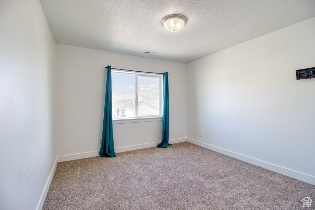 Empty room with light colored carpet and a textured ceiling