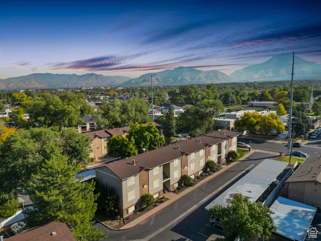 Aerial view at dusk with a mountain view