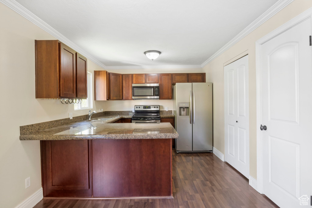 Kitchen with kitchen peninsula, stone countertops, appliances with stainless steel finishes, dark hardwood / wood-style floors, and crown molding