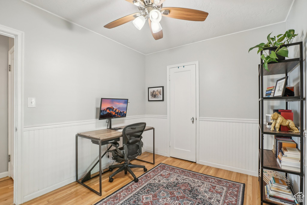 Office space featuring ceiling fan and light hardwood / wood-style floors