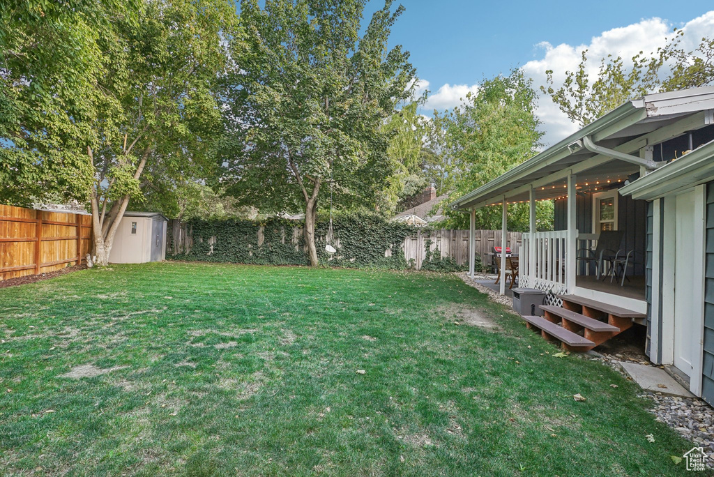 View of yard featuring a shed