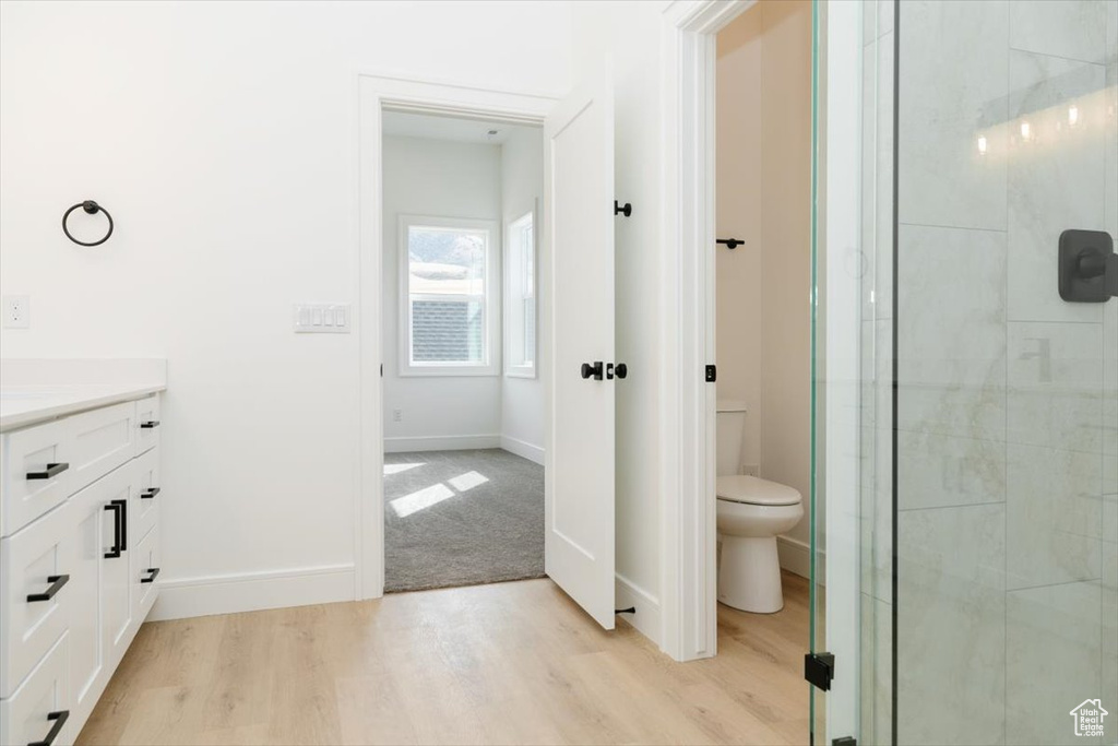 Bathroom with wood-type flooring, vanity, walk in shower, and toilet