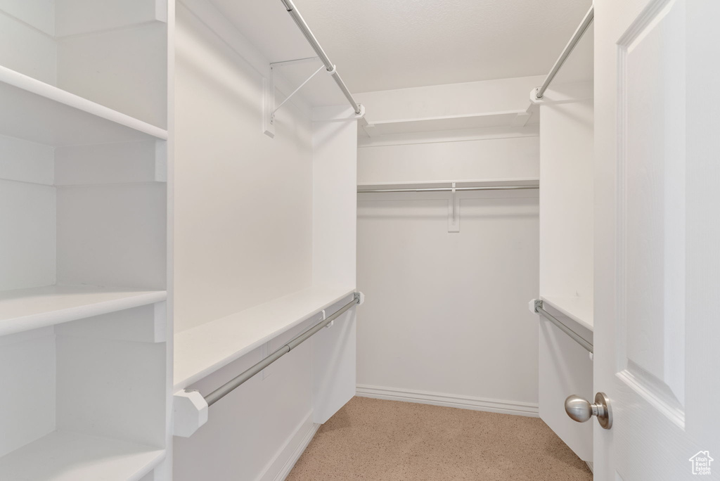 Walk in closet featuring light carpet