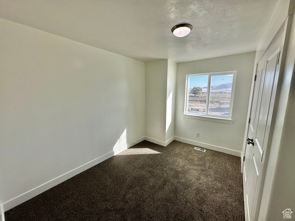 Carpeted empty room featuring a textured ceiling