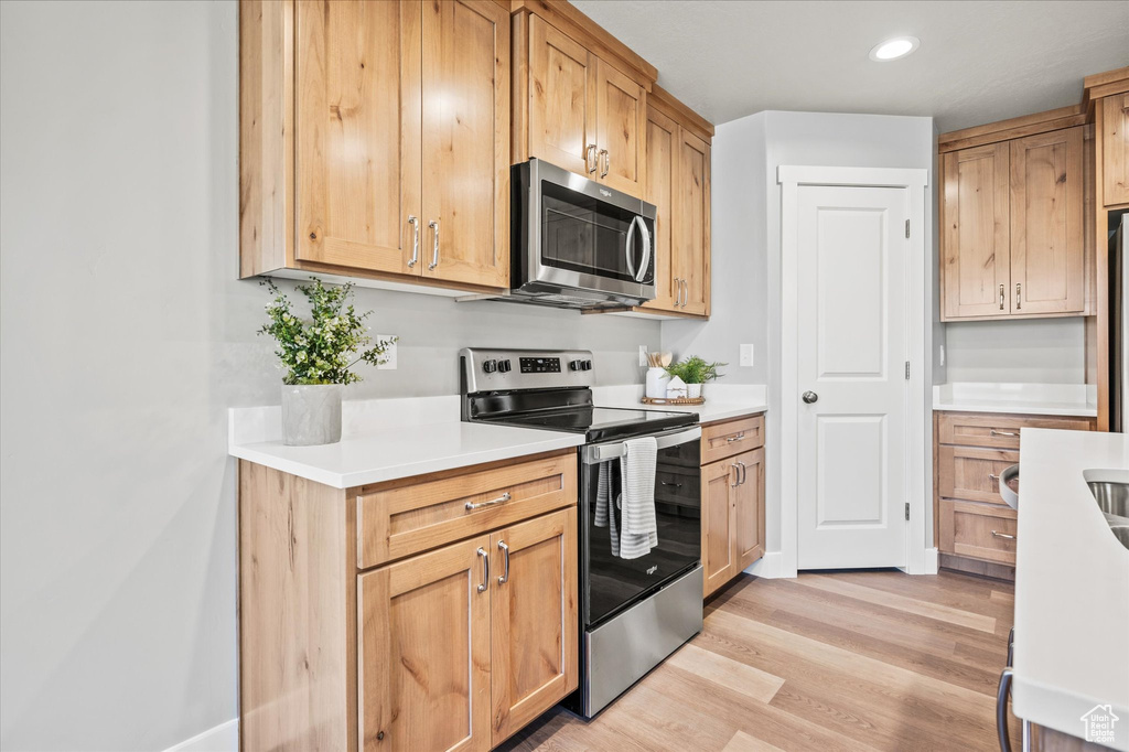 Kitchen with stainless steel appliances and light hardwood / wood-style flooring