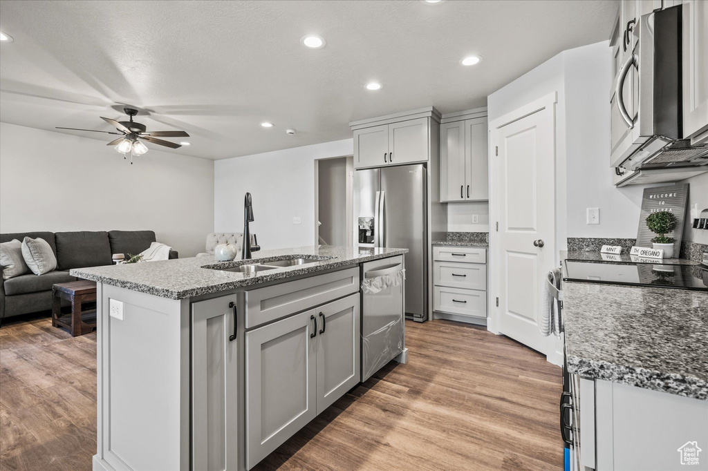 Kitchen with stainless steel appliances, sink, light hardwood / wood-style flooring, a center island with sink, and gray cabinets