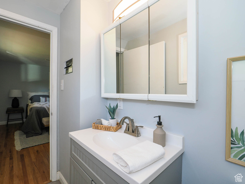 Bathroom with hardwood / wood-style flooring and vanity