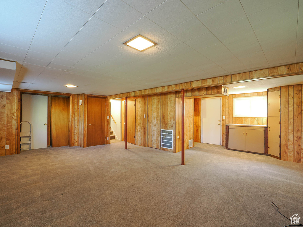 Basement with wooden walls and carpet flooring