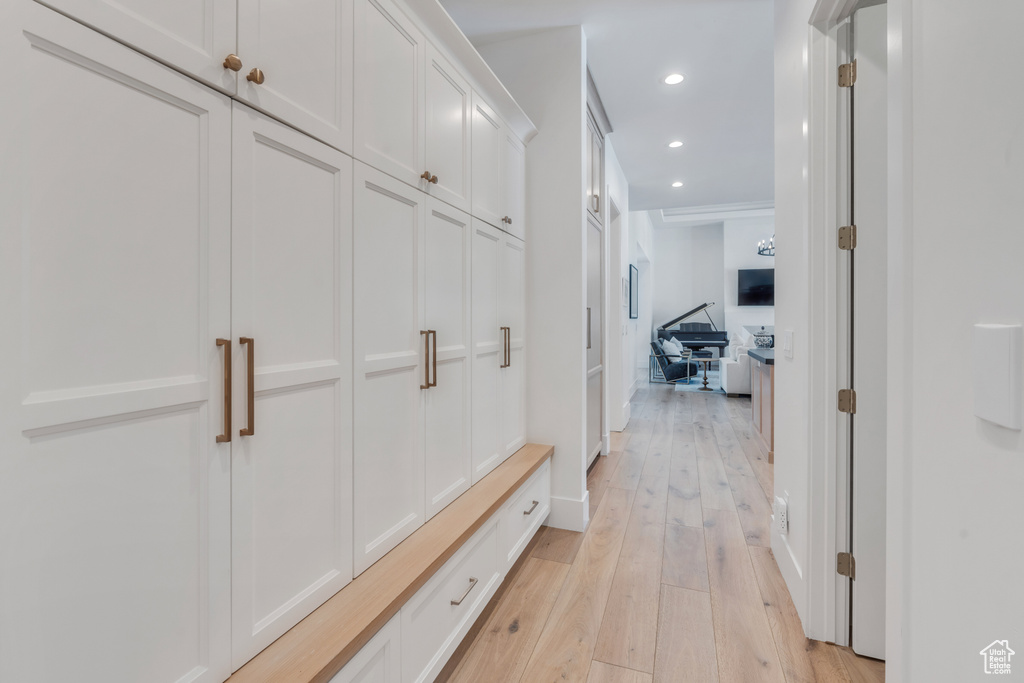 Mudroom with light wood-type flooring