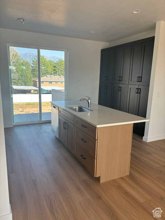 Kitchen with a center island with sink, sink, hardwood / wood-style floors, and dishwasher