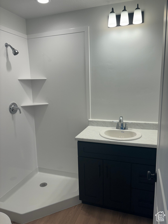 Bathroom with hardwood / wood-style flooring, walk in shower, and vanity