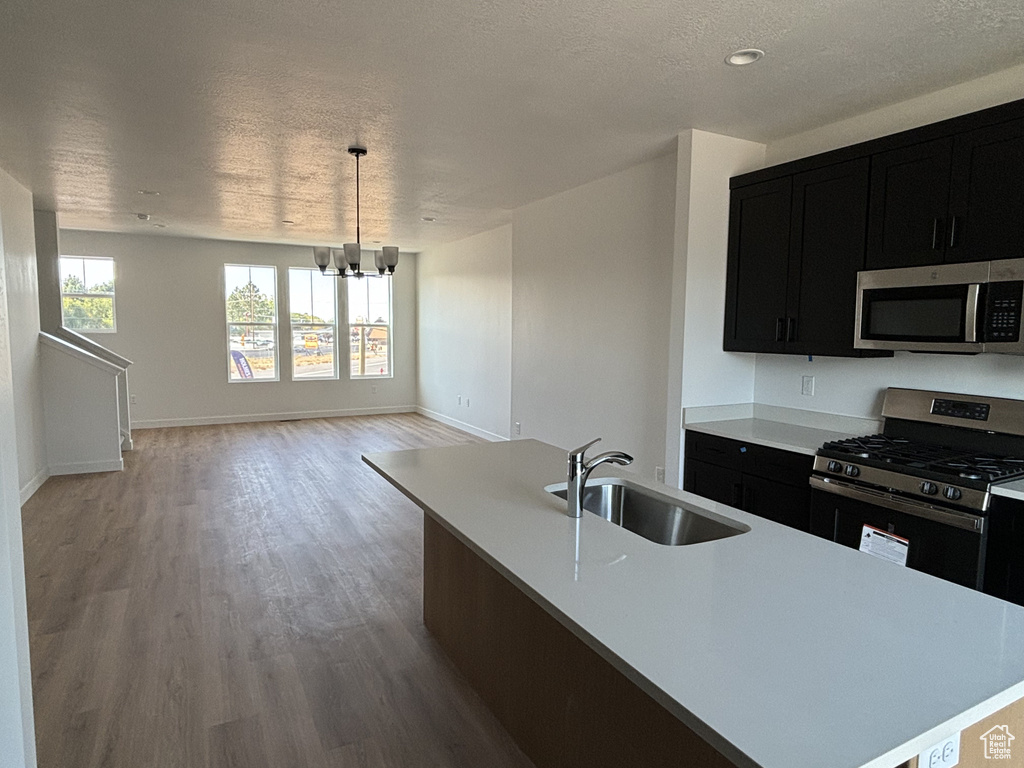 Kitchen featuring hanging light fixtures, sink, a center island with sink, stainless steel appliances, and light hardwood / wood-style floors