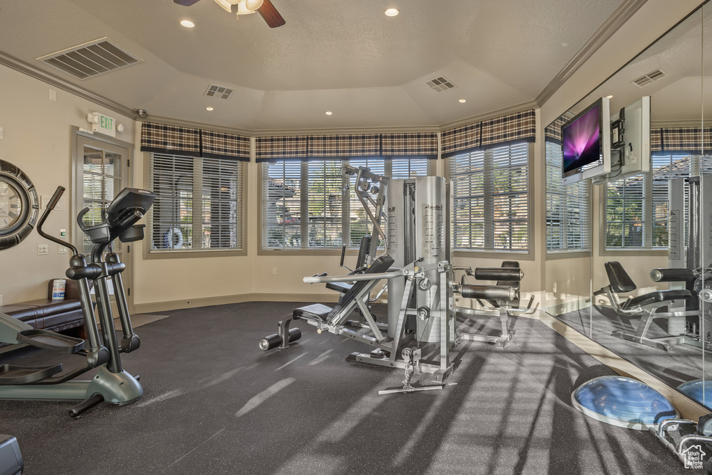 Gym featuring ceiling fan, ornamental molding, and a healthy amount of sunlight