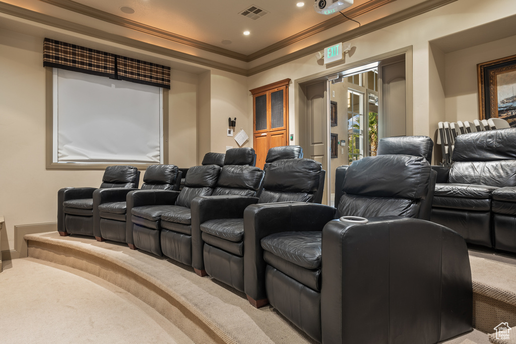 Carpeted home theater featuring ornamental molding and a tray ceiling