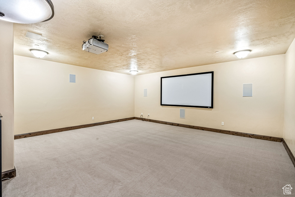 Cinema room with a textured ceiling and light colored carpet