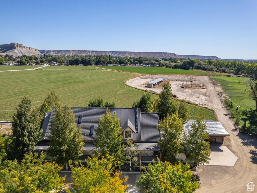 Drone / aerial view featuring a mountain view and a rural view