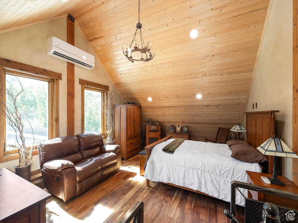 Bedroom featuring hardwood / wood-style flooring, a wall mounted air conditioner, high vaulted ceiling, and wooden ceiling