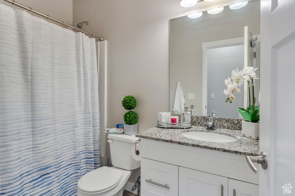Bathroom with vanity, toilet, and a shower with curtain
