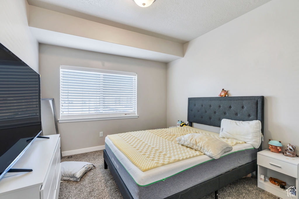 Bedroom featuring carpet floors and a textured ceiling