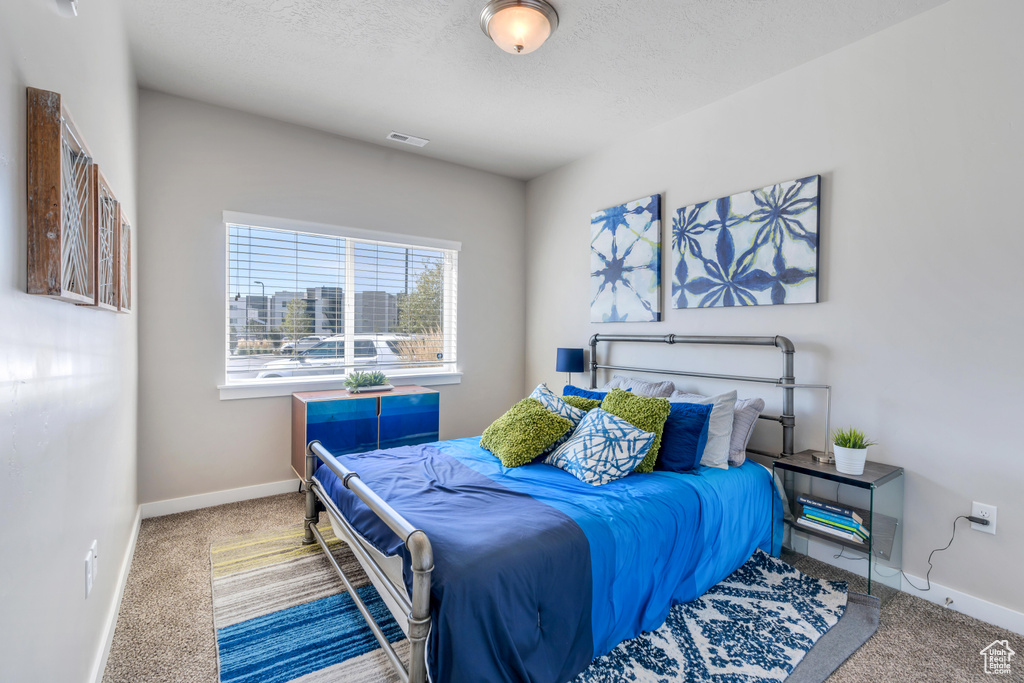 Carpeted bedroom with a textured ceiling