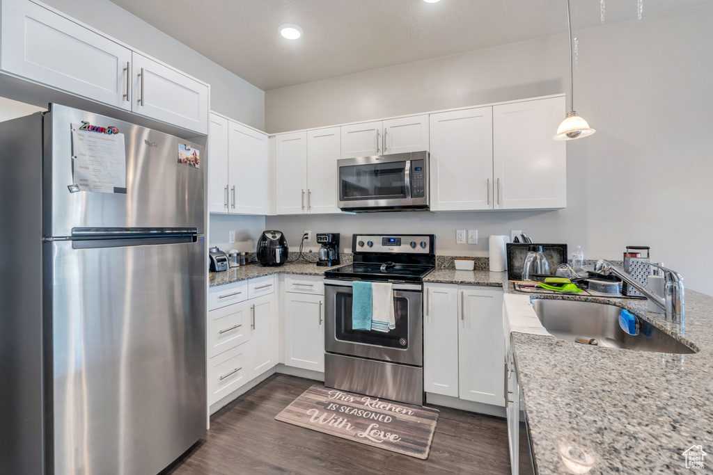 Kitchen featuring sink, white cabinets, stainless steel appliances, decorative light fixtures, and dark hardwood / wood-style flooring