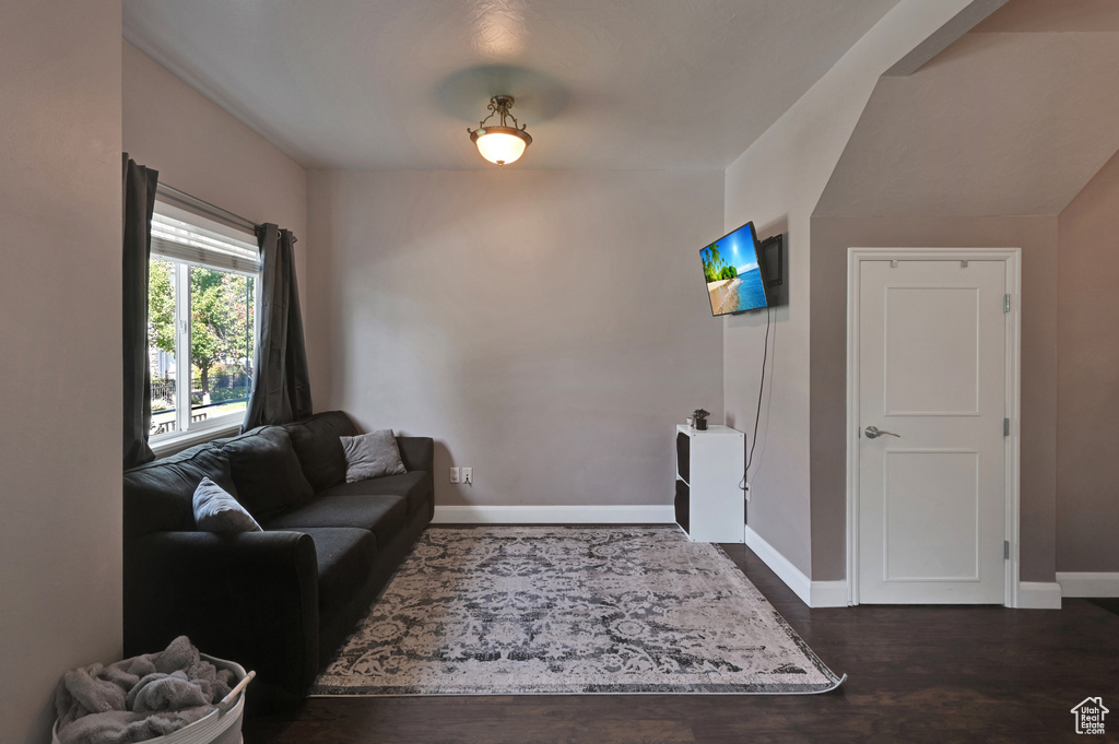 Living room featuring dark wood-type flooring