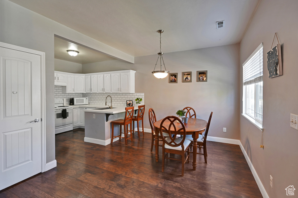 Dining area featuring dark wood-type flooring and sink