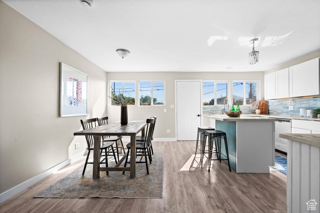 Dining room with light wood-type flooring and a healthy amount of sunlight