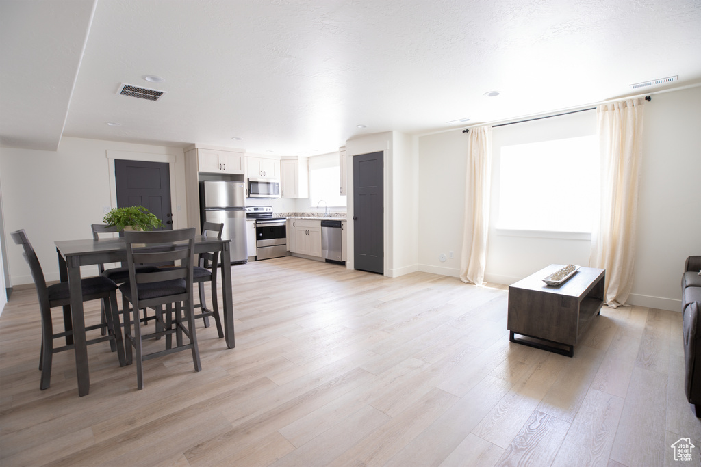 Dining room with light hardwood / wood-style flooring, a healthy amount of sunlight, and sink