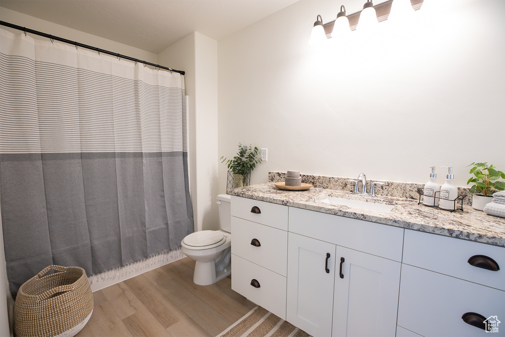 Bathroom with a shower with curtain, vanity, hardwood / wood-style floors, and toilet