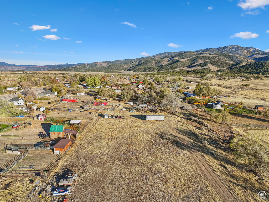 Drone / aerial view featuring a mountain view and a rural view