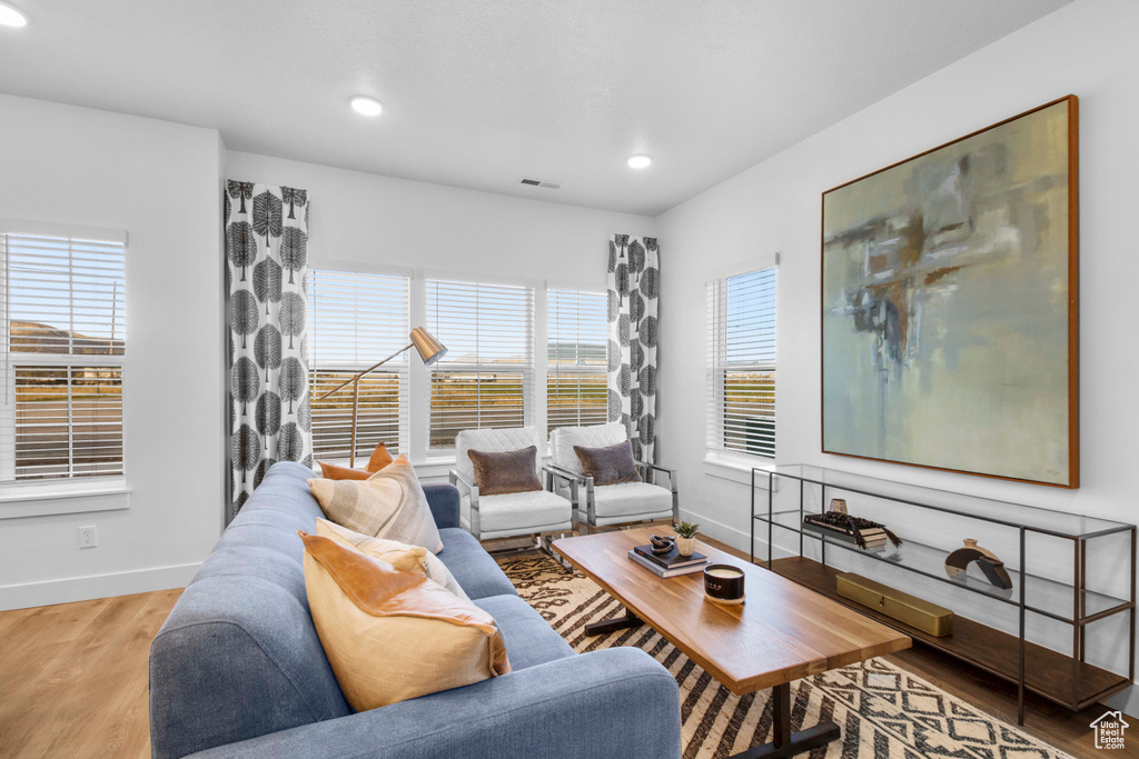 Living room featuring plenty of natural light and light wood-type flooring