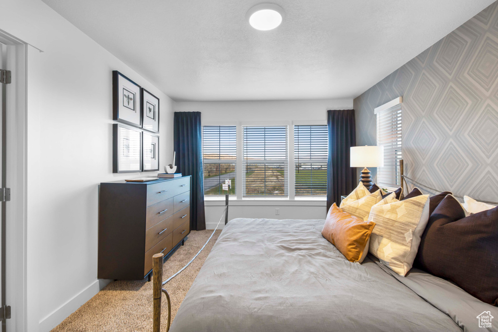 Carpeted bedroom with multiple windows