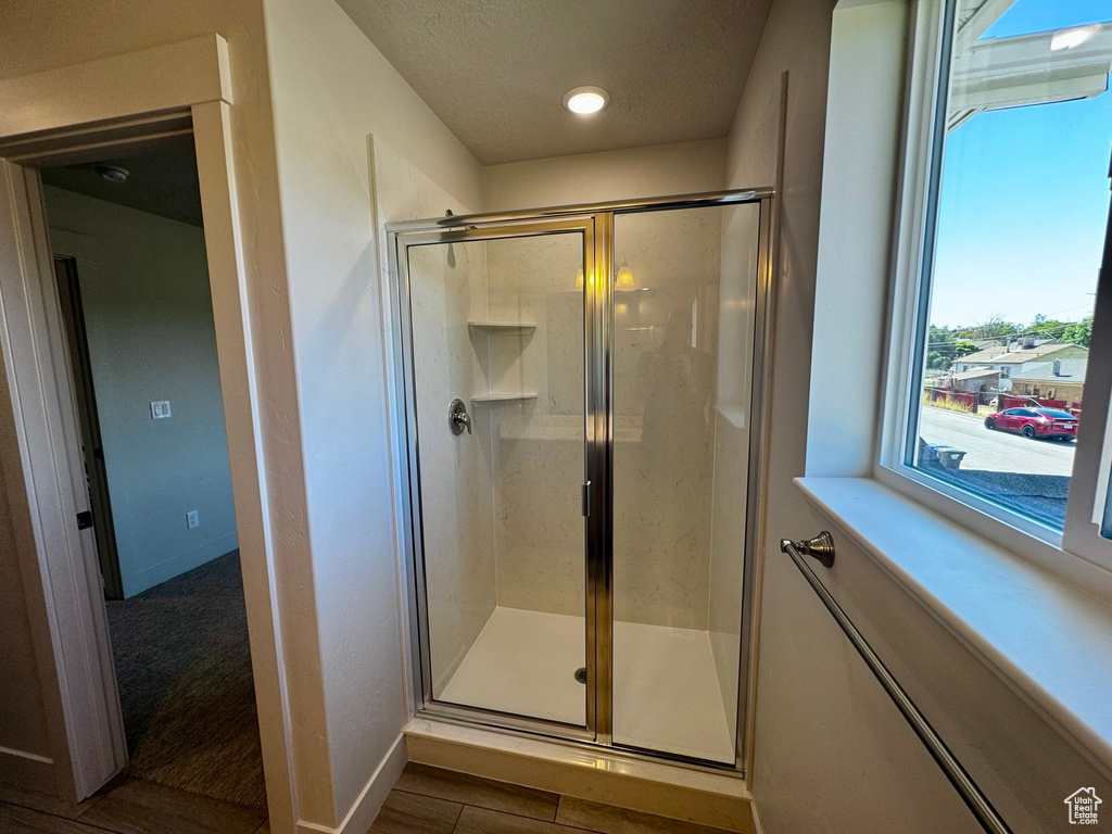 Bathroom featuring walk in shower and hardwood / wood-style floors