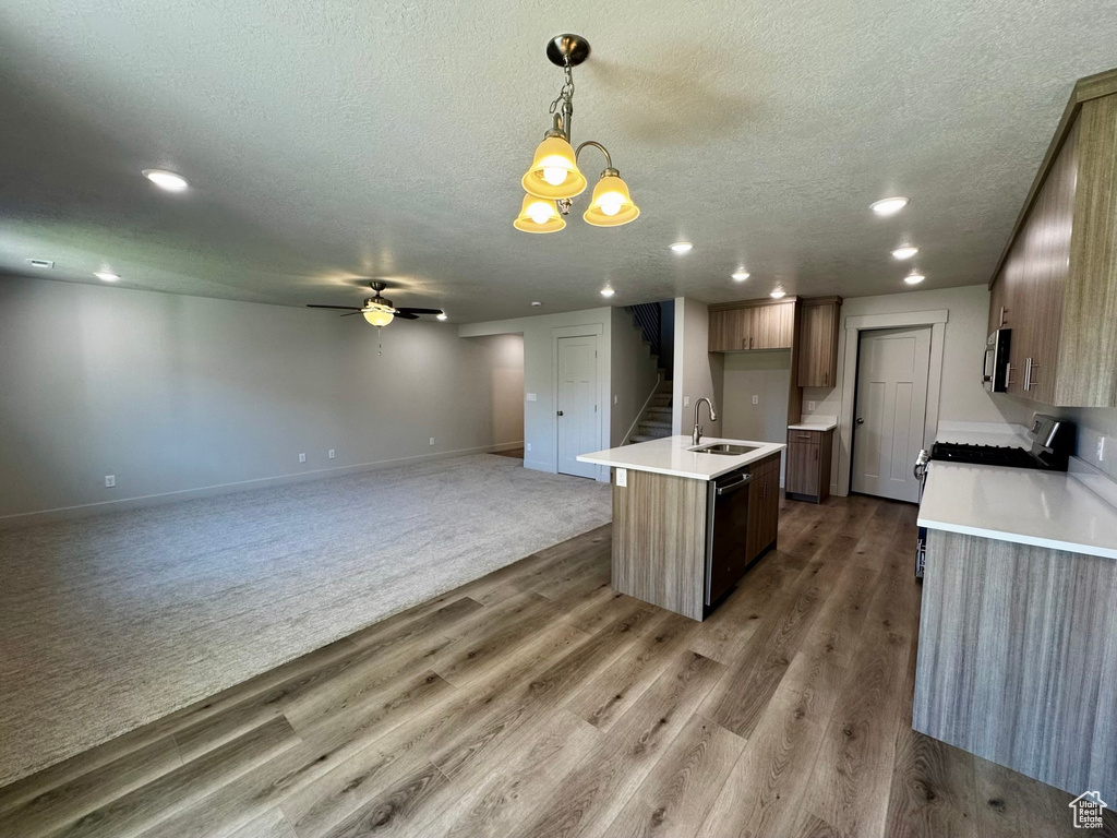 Kitchen featuring hardwood / wood-style floors, a kitchen island with sink, hanging light fixtures, and sink