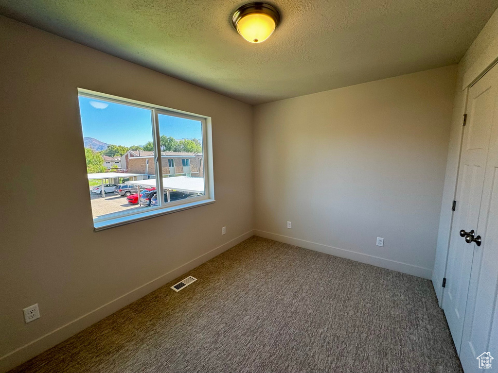 Carpeted empty room featuring a textured ceiling