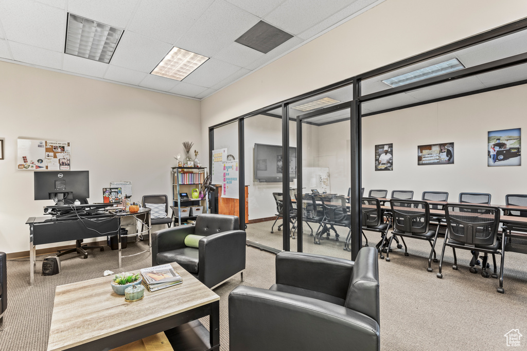 Carpeted office space featuring a drop ceiling