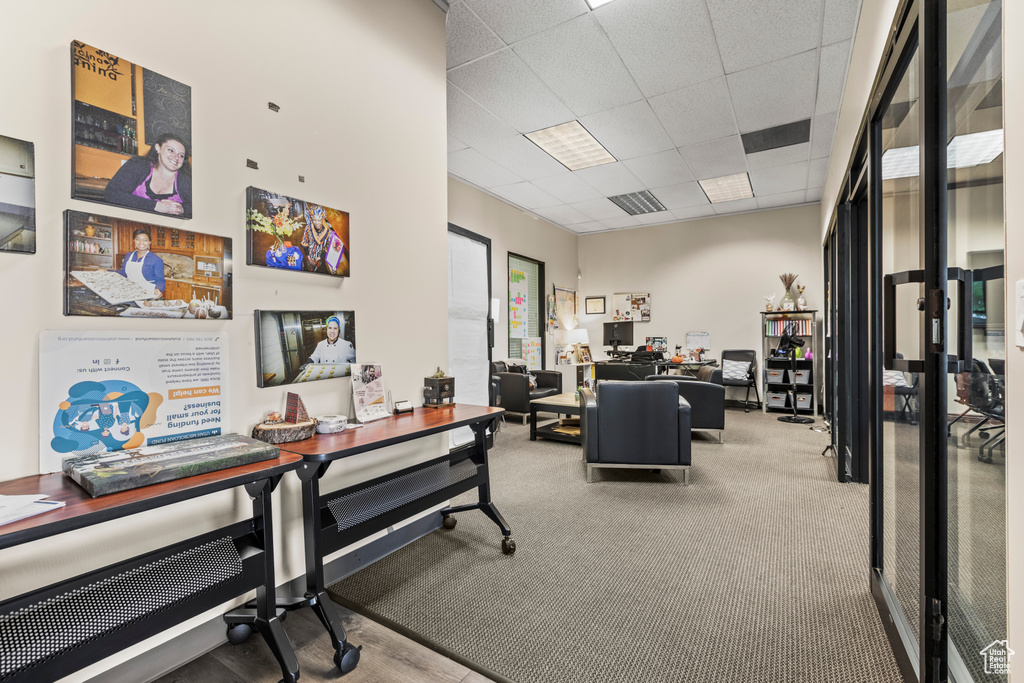 Home office with a drop ceiling and carpet flooring