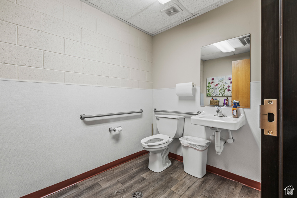 Bathroom featuring hardwood / wood-style flooring, a drop ceiling, and toilet