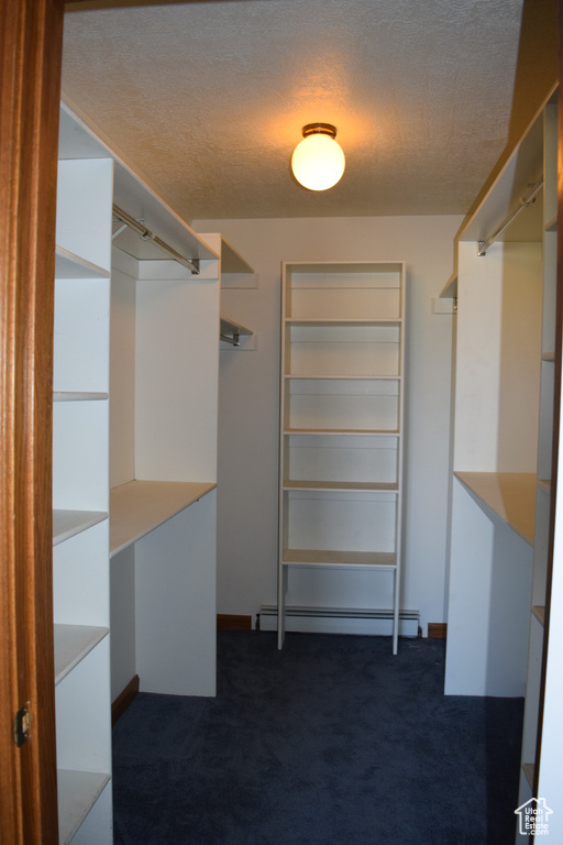 Spacious closet with dark colored carpet and a baseboard radiator